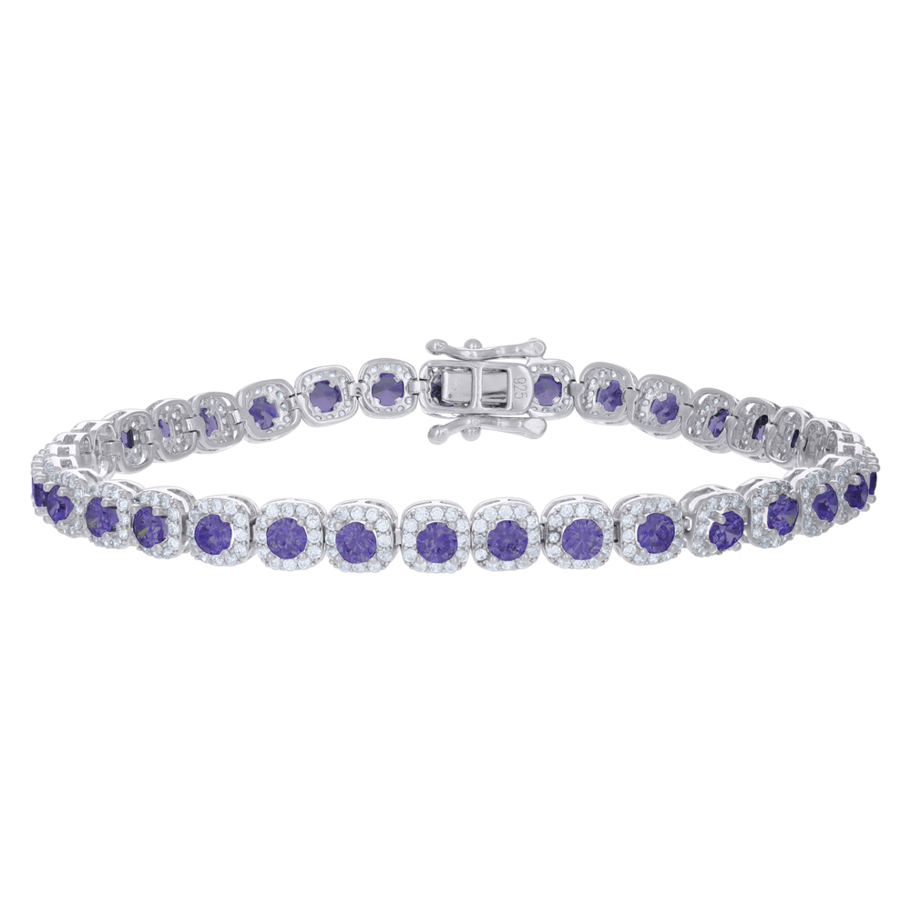 925 Sterling Silver  Purple Wht Cubic-Zirconia Link Bracelet Size 7 Inches